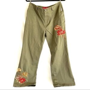 embroidered wide leg jeans army green